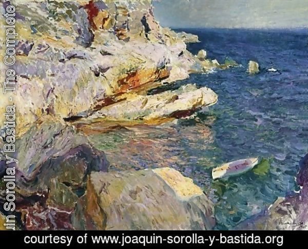 Joaquin Sorolla y Bastida - Rocks and white boat, Javea